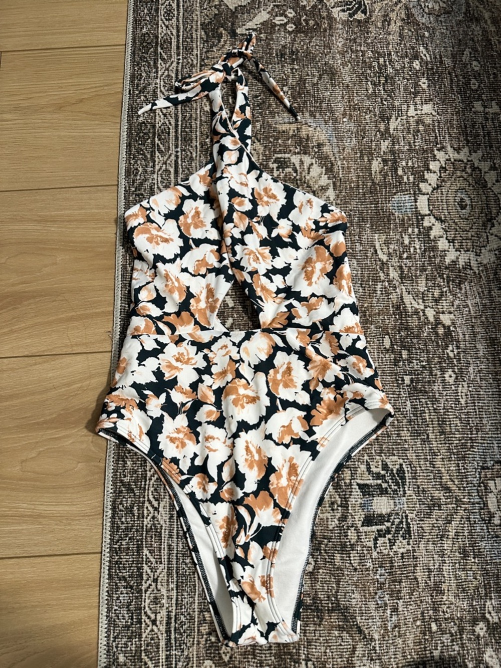 Abercrombie & Fitch Floral Halter One-Piece Swimsuit in White, Black & Tan